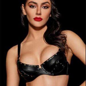 Honey Birdette CASEY Black & Gold Studded Faux Leather Bra, NEW